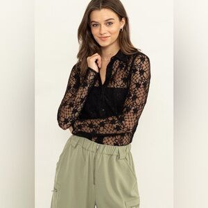 25B. Floral Lace Button Front Blouse - Black
